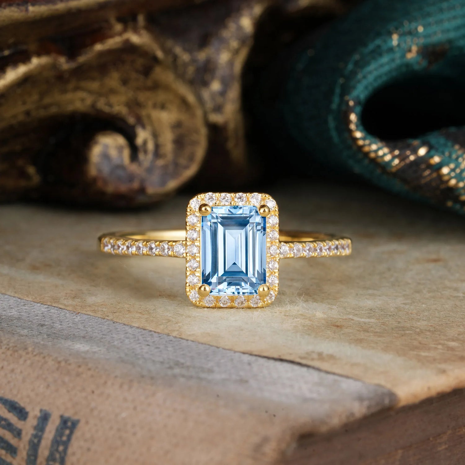 1 Carat Emerald Cut Classic Halo Aquamarine Engagement Ring With Pave Band