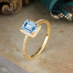 1 Carat Emerald Cut Classic Halo Aquamarine Wedding Ring with Pave Band