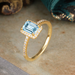 1 Carat Emerald Cut Classic Halo Aquamarine Wedding Ring with Pave Band