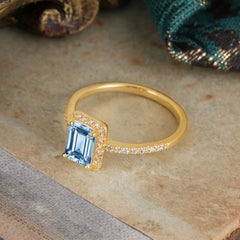 1 Carat Emerald Cut Classic Halo Aquamarine Wedding Ring with Pave Band