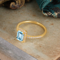 1 Carat Emerald Cut Classic Halo Aquamarine Wedding Ring with Pave Band