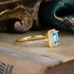 1 Carat Emerald Cut Classic Halo Aquamarine Wedding Ring with Pave Band