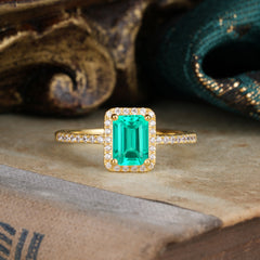 1 Carat Emerald Cut Classic Halo Emerald Wedding Ring with Pave Band