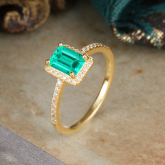 1 Carat Emerald Cut Classic Halo Emerald Wedding Ring with Pave Band