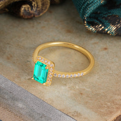 1 Carat Emerald Cut Classic Halo Emerald Wedding Ring with Pave Band