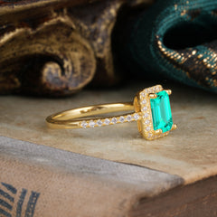 1 Carat Emerald Cut Classic Halo Emerald Wedding Ring with Pave Band
