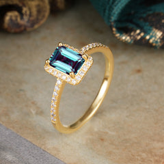 1 Carat Emerald Cut Classic Halo Alexandrite Wedding Ring with Pave Band