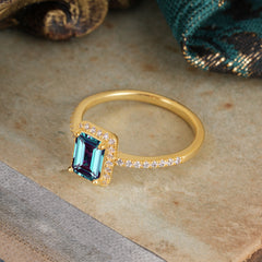 1 Carat Emerald Cut Classic Halo Alexandrite Wedding Ring with Pave Band