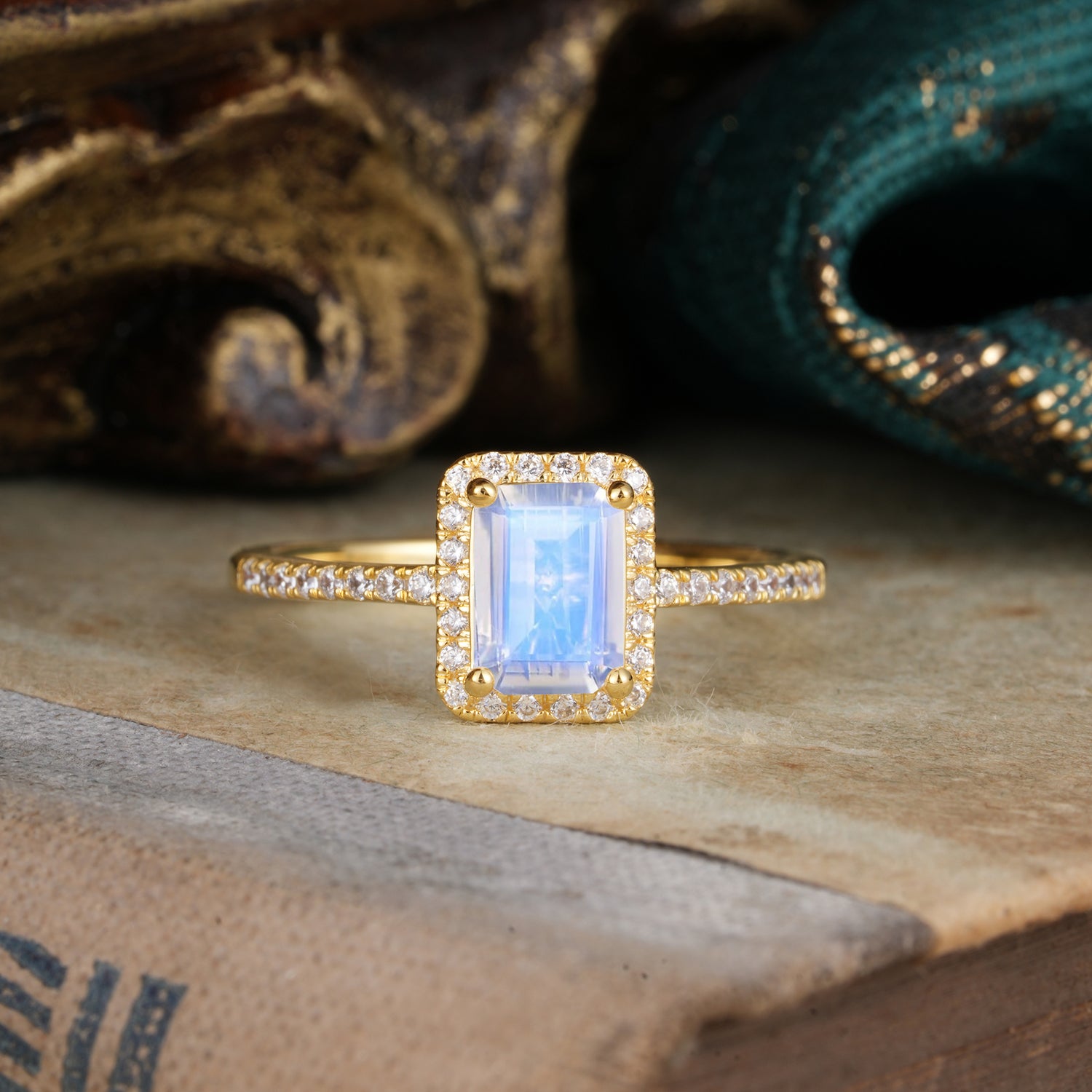 1 Carat Emerald Cut Classic Halo Moonstone Engagement Ring With Pave Band