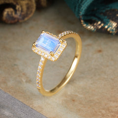 1 Carat Emerald Cut Classic Halo Moonstone Wedding Ring with Pave Band