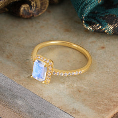 1 Carat Emerald Cut Classic Halo Moonstone Wedding Ring with Pave Band