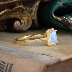1 Carat Emerald Cut Classic Halo Moonstone Wedding Ring with Pave Band