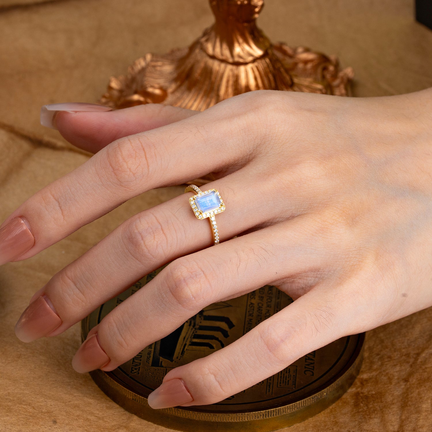 1 Carat Emerald Cut Classic Halo Moonstone Engagement Ring With Pave Band