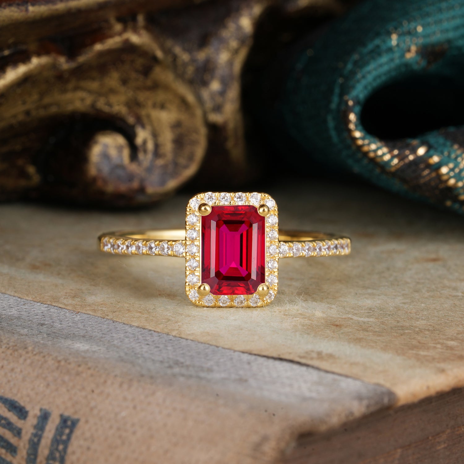 1 Carat Emerald Cut Classic Halo Ruby Engagement Ring With Pave Band
