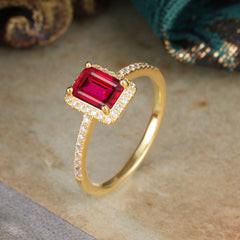1 Carat Emerald Cut Classic Halo Ruby Wedding Ring with Pave Band