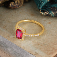 1 Carat Emerald Cut Classic Halo Ruby Wedding Ring with Pave Band