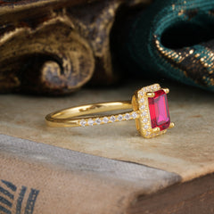 1 Carat Emerald Cut Classic Halo Ruby Wedding Ring with Pave Band