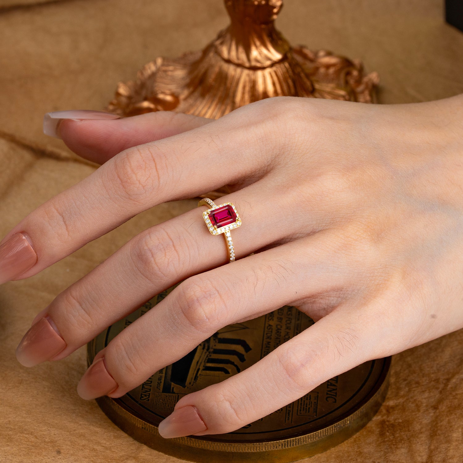 1 Carat Emerald Cut Classic Halo Ruby Engagement Ring With Pave Band