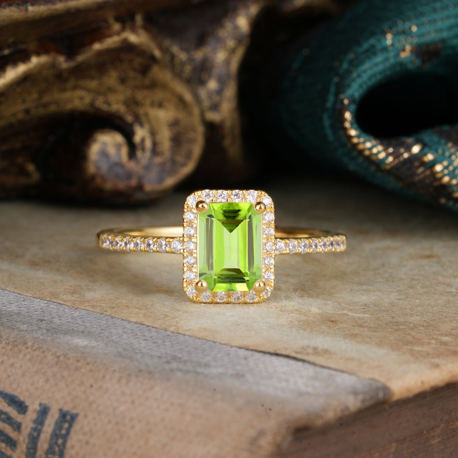 1 Carat Emerald Cut Classic Halo Peridot Engagement Ring With Pave Band