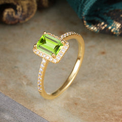 1 Carat Emerald Cut Classic Halo Peridot Wedding Ring with Pave Band