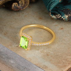 1 Carat Emerald Cut Classic Halo Peridot Wedding Ring with Pave Band