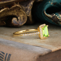 1 Carat Emerald Cut Classic Halo Peridot Wedding Ring with Pave Band