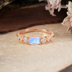 1 Carat Emerald Cut Natural Moonstone Engagement Ring Side Stone Promise Ring