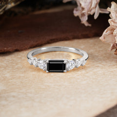 1 Carat Emerald Cut Natural Black Onyx Engagement Ring Side Stone Promise Ring