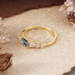 1 Carat Emerald Cut Black Rutilated Quartz Engagement Ring Side Stone Promise Ring