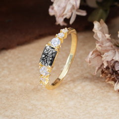 1 Carat Emerald Cut Black Rutilated Quartz Engagement Ring Side Stone Promise Ring