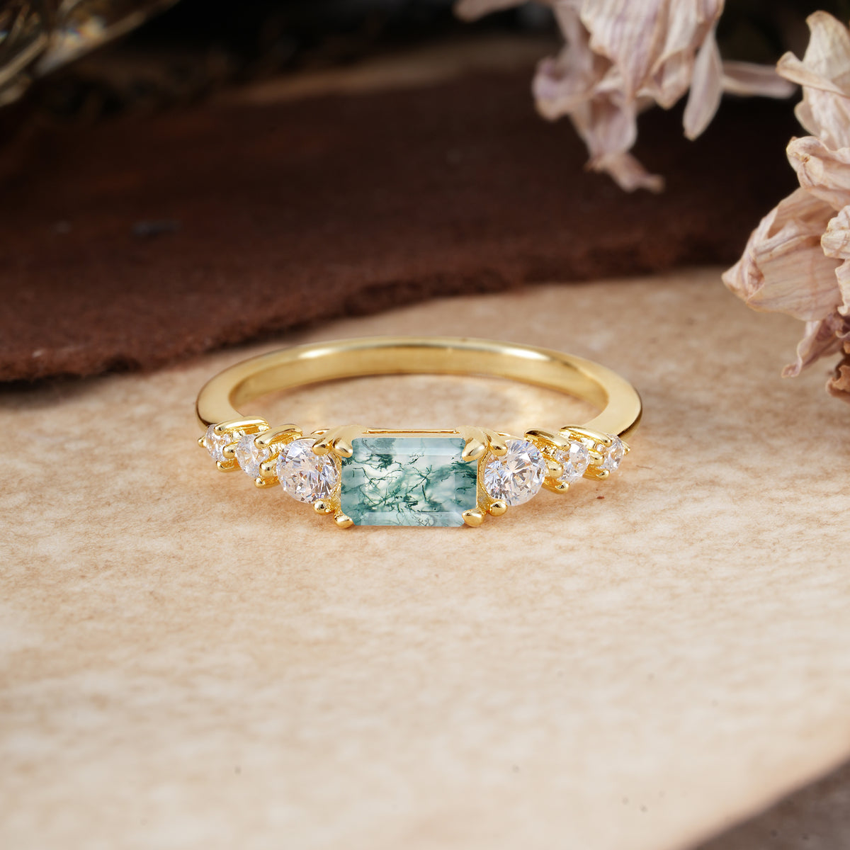 1 Carat Emerald Cut Moss Agate Engagement Ring Side Stone Promise Ring - Romalar Jewelry