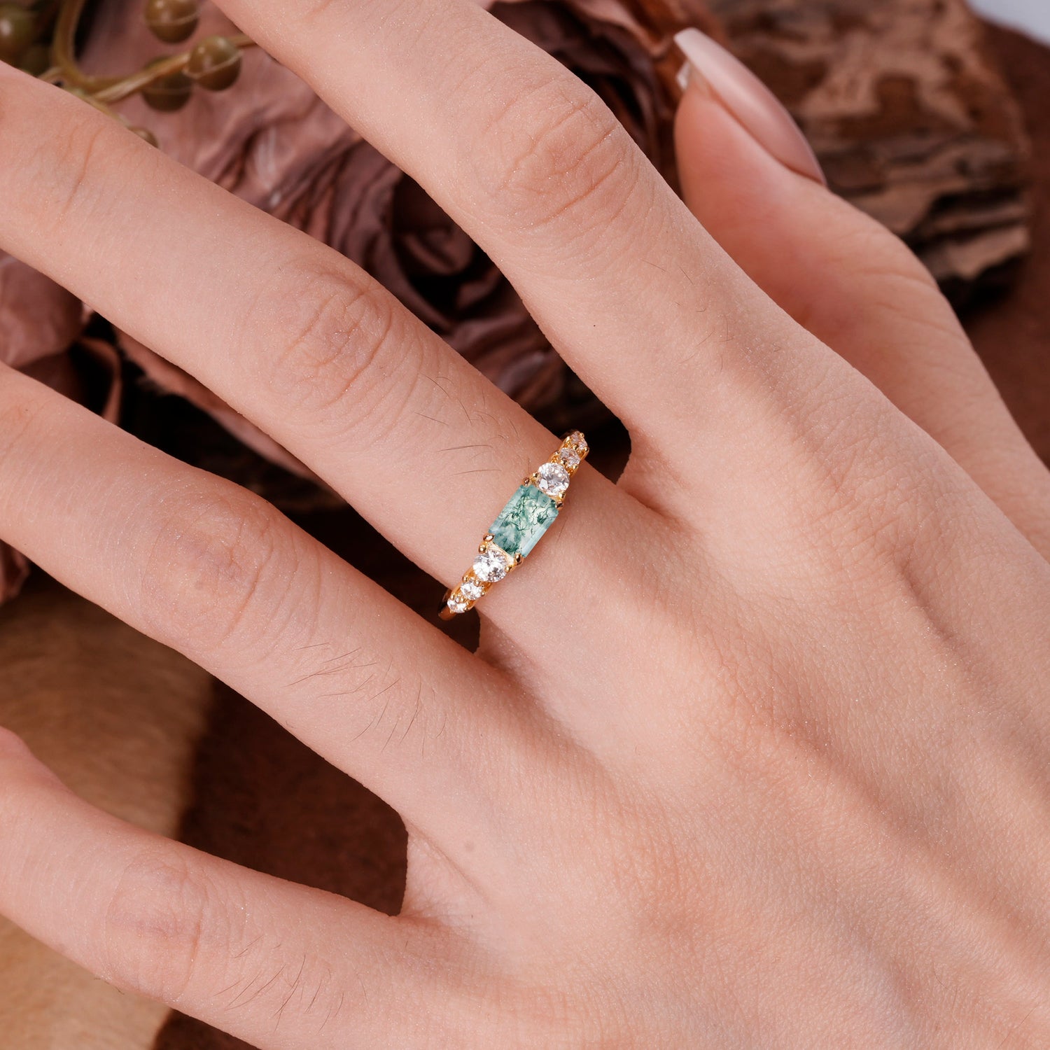 1 Carat Emerald Cut Moss Agate Engagement Ring Side Stone Promise Ring