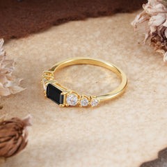 1 Carat Emerald Cut Natural Black Onyx Engagement Ring Side Stone Promise Ring