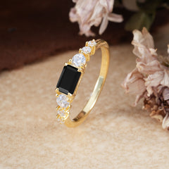 1 Carat Emerald Cut Natural Black Onyx Engagement Ring Side Stone Promise Ring