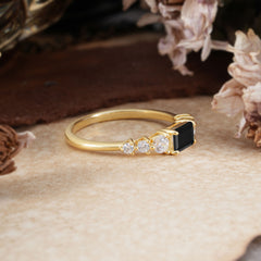 1 Carat Emerald Cut Natural Black Onyx Engagement Ring Side Stone Promise Ring