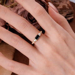 1 Carat Emerald Cut Natural Black Onyx Engagement Ring Side Stone Promise Ring