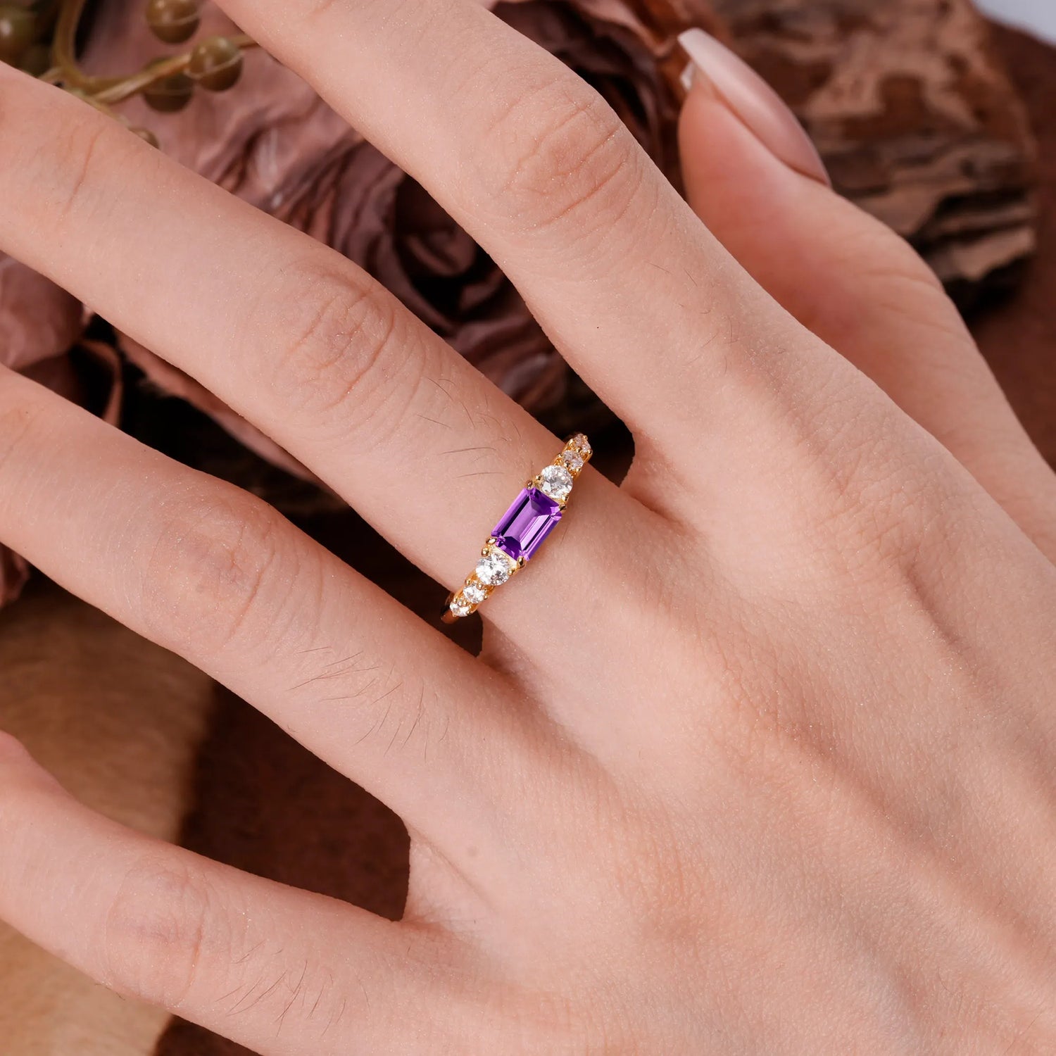 1 Carat Emerald Cut Natural Amethyst Engagement Ring Side Stone Promise Ring
