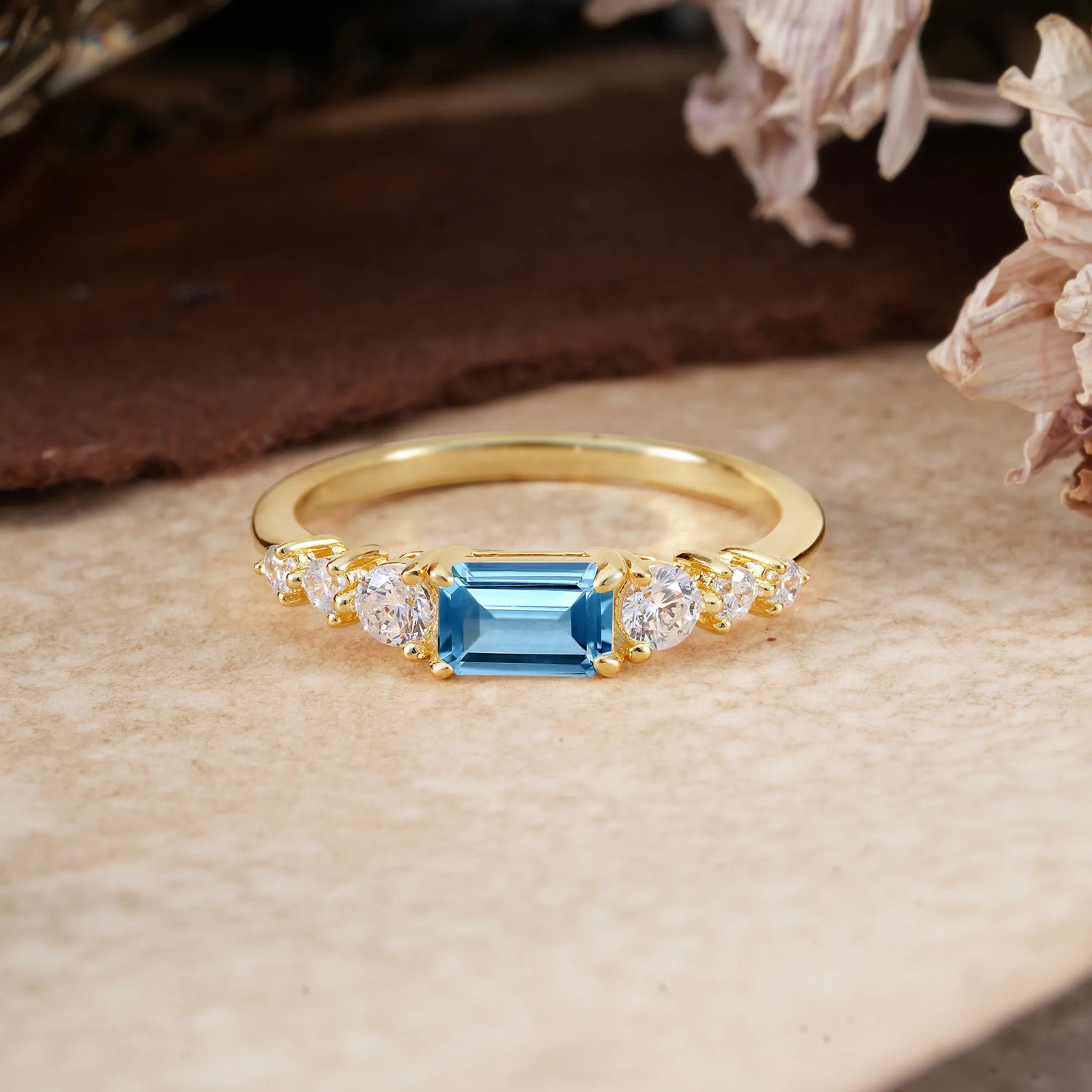 1 Carat Emerald Cut Aquamarine Engagement Ring Side Stone Promise Ring