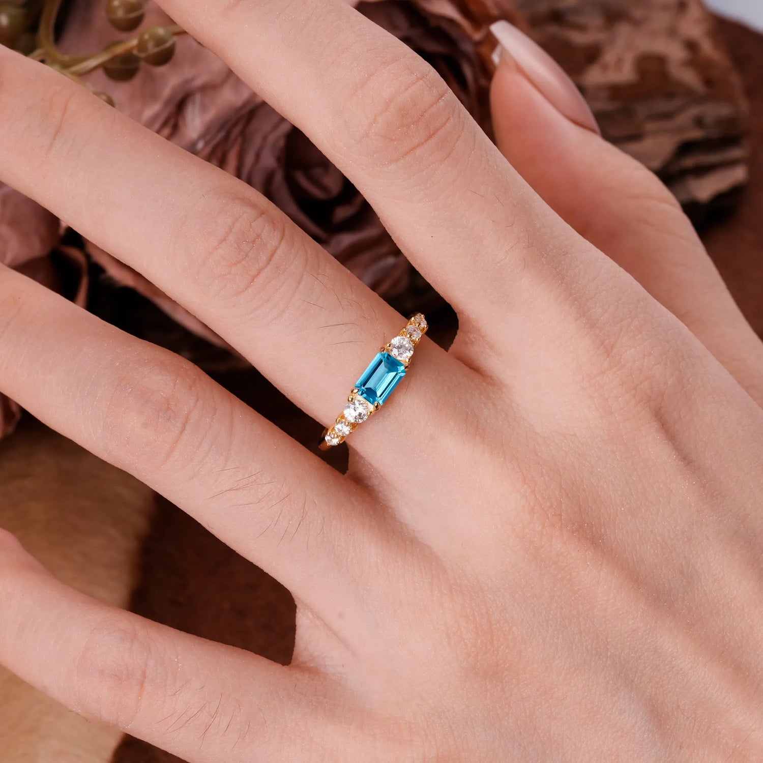 1 Carat Emerald Cut Aquamarine Engagement Ring Side Stone Promise Ring