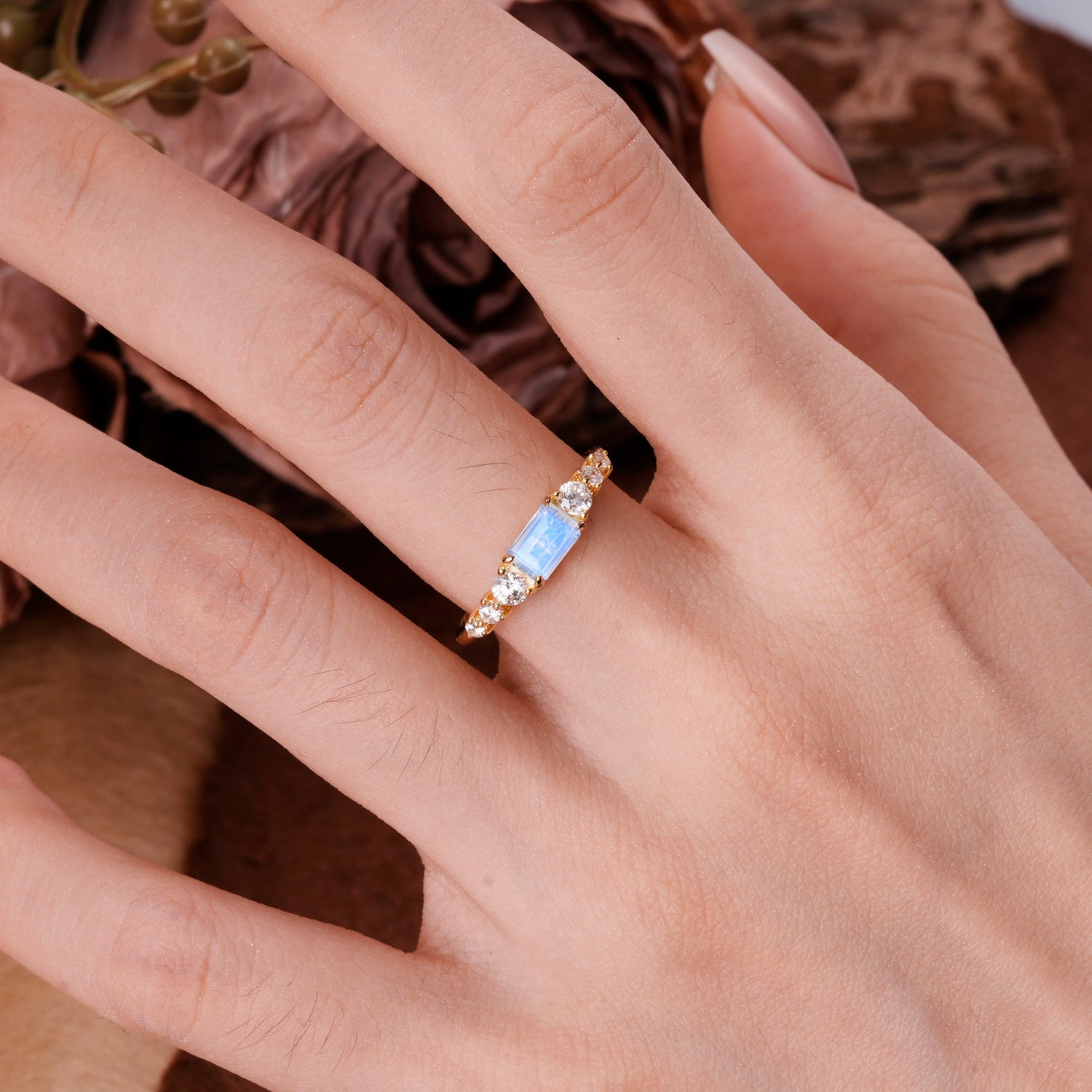 1 Carat Emerald Cut Natural Moonstone Engagement Ring Side Stone Promise Ring