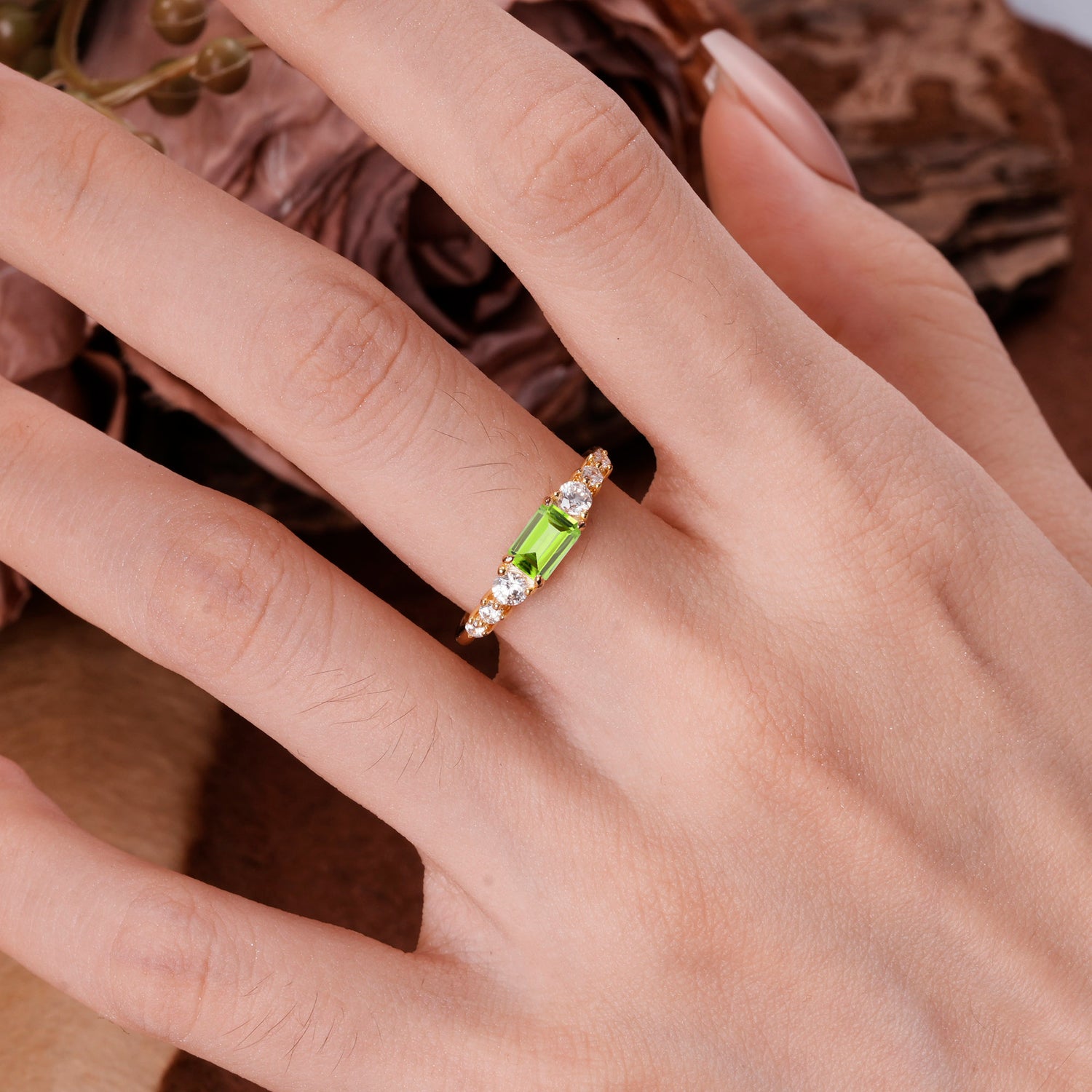 1 Carat Emerald Cut Natural Peridot Engagement Ring Side Stone Promise Ring