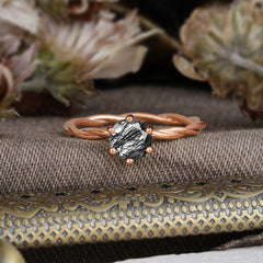 Round Cut Black Rutilated Quartz Timeless Solitaire Engagement Ring with Twisted Band
