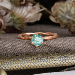 Round Cut Moss Agate Timeless Solitaire Engagement Ring with Twisted Band
