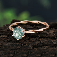 Round Cut Moss Agate Timeless Solitaire Engagement Ring with Twisted Band
