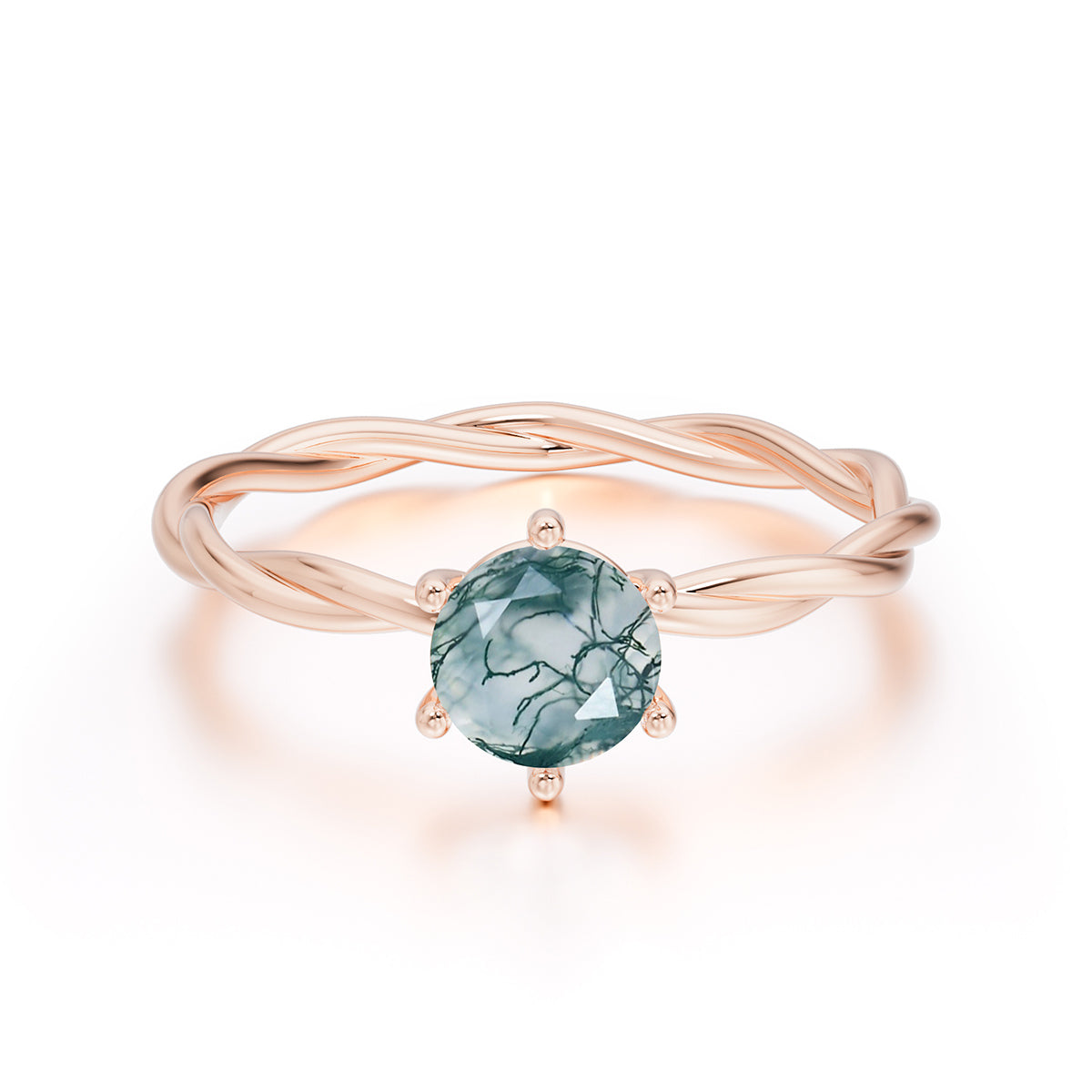 Round Cut Moss Agate Timeless Solitaire Engagement Ring with Twisted Band
