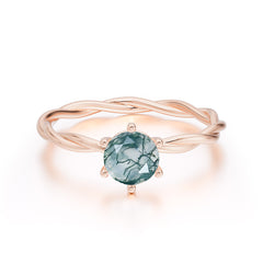 Round Cut Moss Agate Timeless Solitaire Engagement Ring with Twisted Band