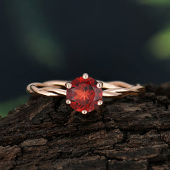 Round Cut Garnet Timeless Solitaire Engagement Ring with Twisted Band