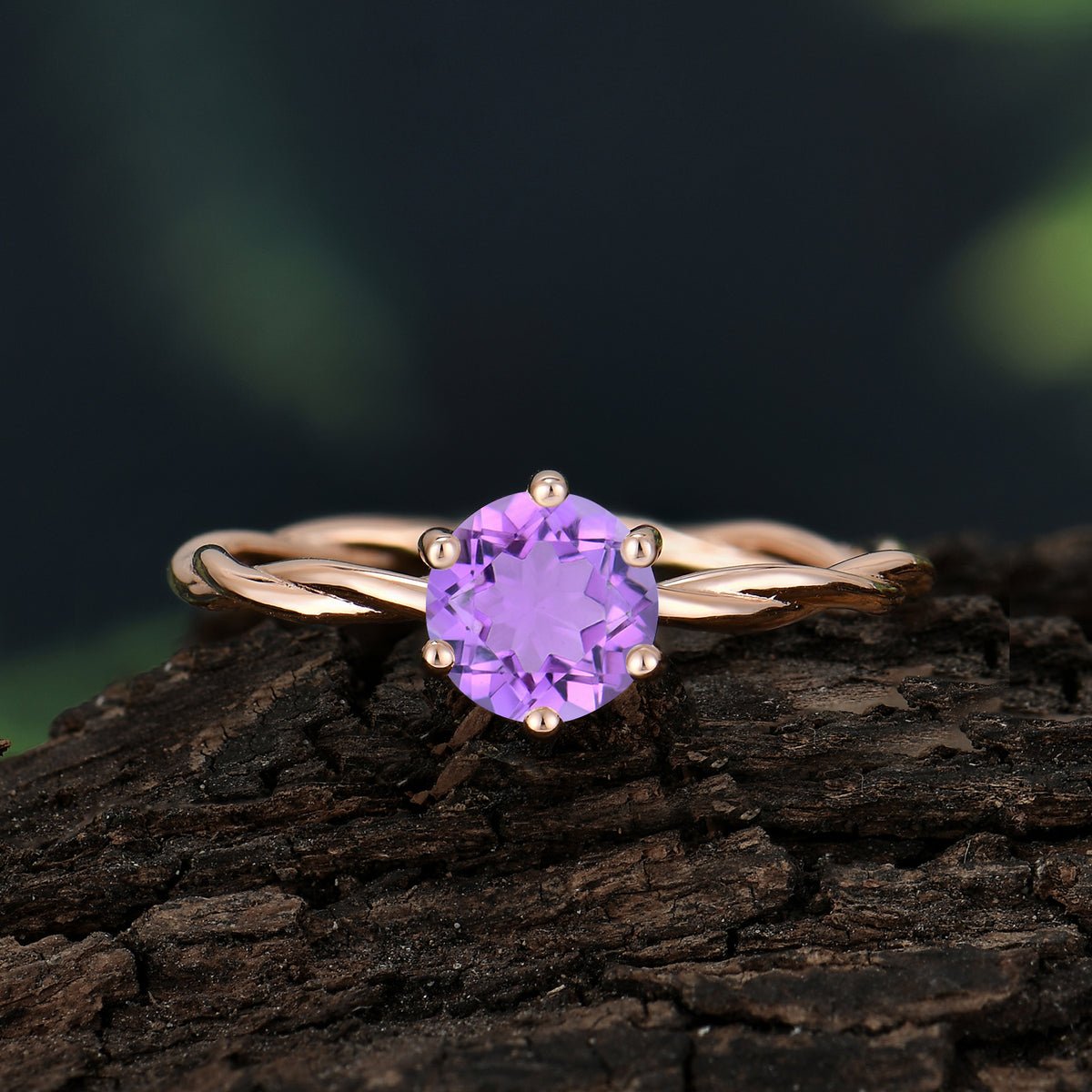 Round Cut Amethyst Timeless Solitaire Engagement Ring with Twisted Band