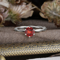 Round Cut Garnet Timeless Solitaire Engagement Ring with Twisted Band