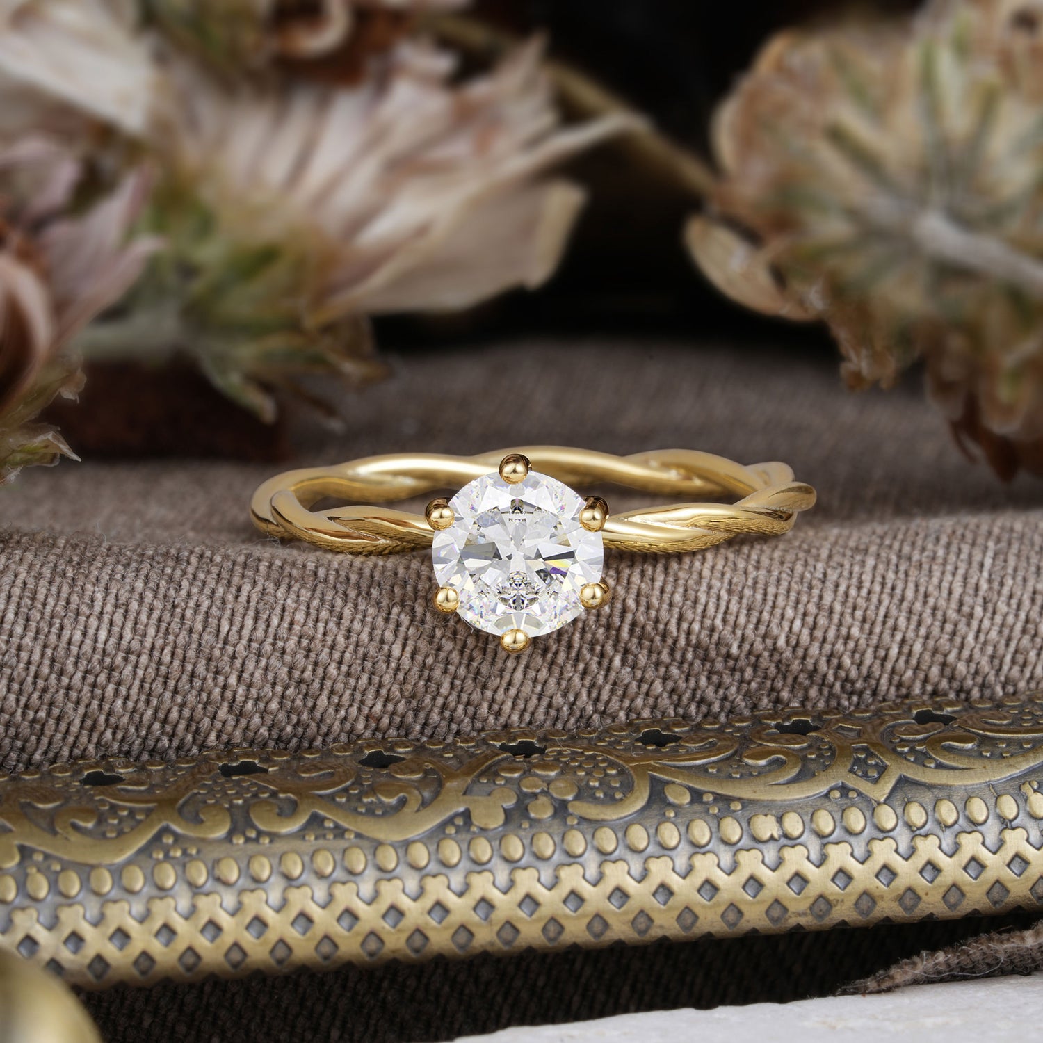 Round Cut Moissanite Timeless Solitaire Engagement Ring with Twisted Band
